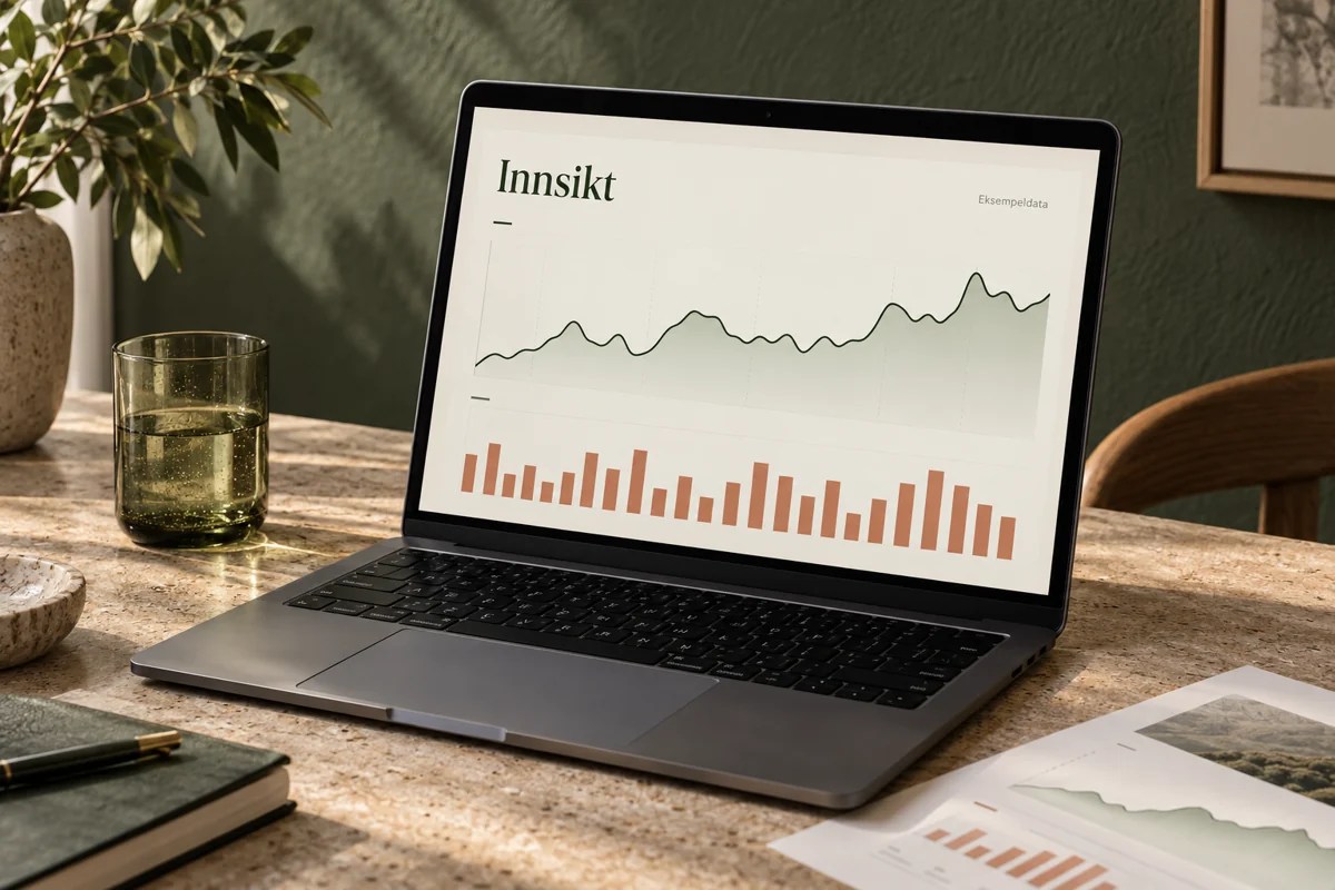 Illustrert analyserapport på laptop med eksempeldata.