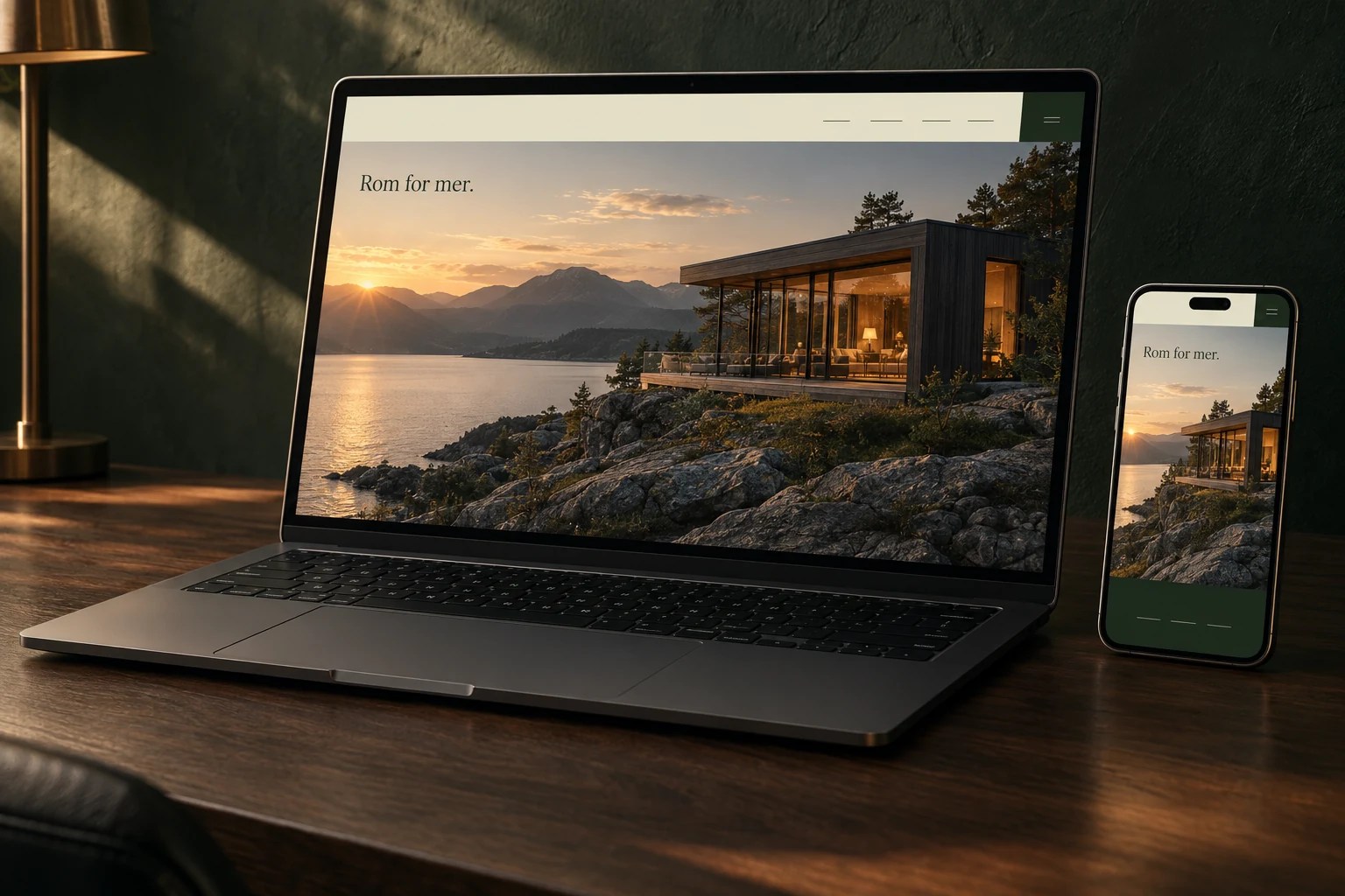 Arkitekturnettside med norsk fjordlandskap vist på laptop og mobil.