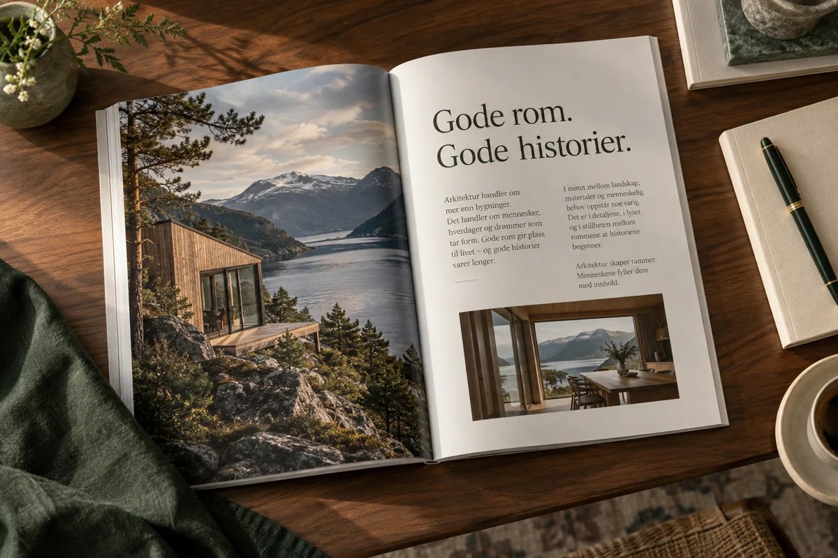 Redaksjonelt innholdskonsept med arkitektur og norsk tekst.