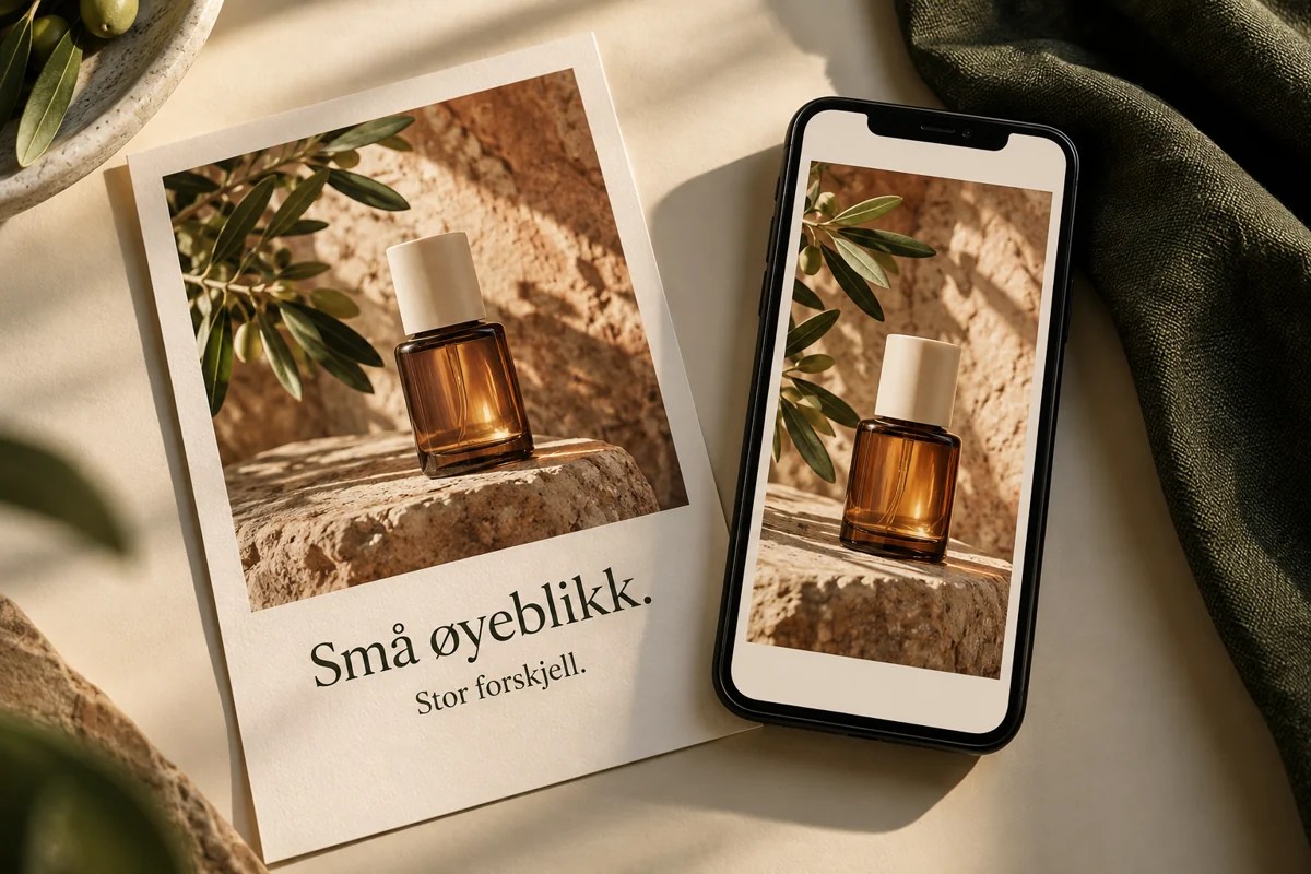 Kampanjekonsept med produktbilde på trykk og mobil.