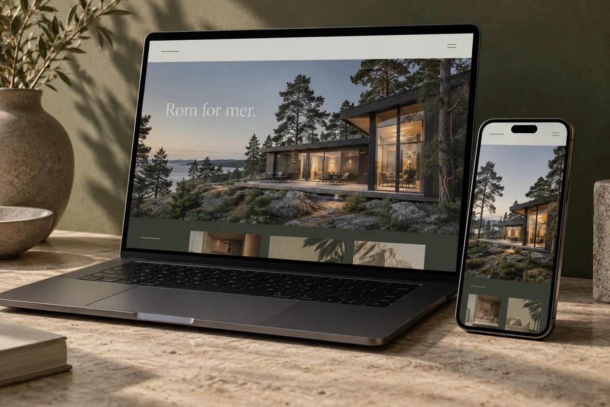 Arkitekturnettside vist på laptop og mobil.
